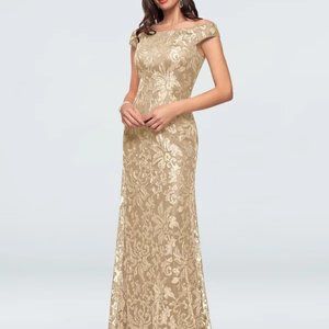 Long formal champagne / gold colored beaded dress